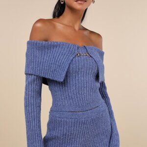 [NEW W TAGS] Lulus Charismatic Sense Heather Blue Off-the-shoulder Sweater Top